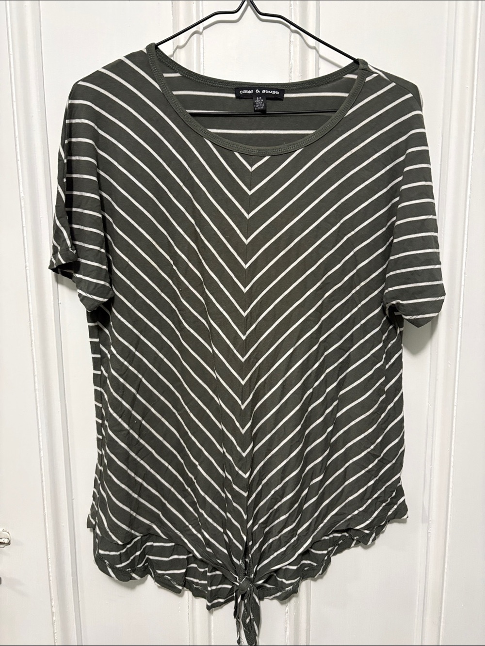 Cable & Gauge Olive and White Striped Tie-Hem Short Sleeve Tee